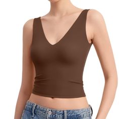 Pumiey Women's Deep V Neck Sleeveless Tank Top Sexy Double Lined Going Out Tops Smoke Cloud Pro Collection X-Small Chocolate Summer Low-cut Tank Top With Built-in Bra, Sleeveless Brown Seamless Crop Top, Stretch Solid Color Low-cut Tank Top, Trendy Tank Top With Medium Bust Support, Trendy Fitted Low-cut Tank Top, Fitted Brown V-neck Tank Top, Solid Color Bra-friendly Low-cut Tank Top, Summer Tank Top Camisole With Medium Bust Support, Trendy Low-cut Tank Top For Summer