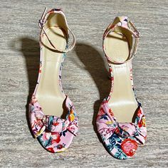 Size 7. No Box. In Excellent Condition No Rip Or Tear. 4-Inch Heels. Only Walked With At The Store And Never Worn After. Brand New Open Toe Sandals With Floral Print For Evening, Floral Print Open Toe Sandals For Evening, Evening Floral Print Open Toe Sandals, Pink Ankle Strap Feminine Heels, Pink Feminine Ankle Strap Heels, Floral Print Open Heel Sandals For Evening, Feminine Pink Ankle Strap Heels, Formal Floral Print Open Toe Sandals, Pink Block Heel Sandals With 4-inch Heel