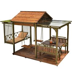 a small wooden structure with a swing and table on the outside, in front of a white background