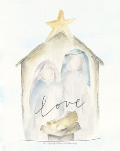 a watercolor painting of two nativity figures with the word love written in cursive writing