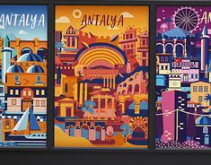 three colorful posters with buildings and ferris wheel in the background are hanging on a wall