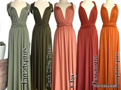 four different colored dresses on mannequins in front of a white background with text overlay