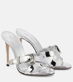 Regina 105 metallic leather mules in silver - Paris Texas | Mytheresa Luxury Silver Heels With Buckle Closure, Luxury Summer Mules With Buckle Closure, Modern High Heel Mules With Buckle Closure, Modern Mules With Buckle Closure And High Heel, Luxury Silver Mules With Sculpted Heel, Luxury Silver Mules For Party, Elegant Silver Open Heel Mules, Metallic Leather Heels With Single Toe Strap, Metallic Single Toe Strap Leather Heels