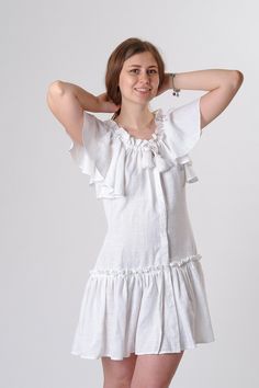 Light linen mini dress 50% linen 50% cotton. Size: XS, S, M, L. Any size by order. Size Map: XS (US 2): Bust 85; Waist 66; Hips 92. S (US 6): Bust 91; Waist 71; Hips 97 M (US 10): Bust 95; Waist 76; Hips 102 L (US 14): Bust 103; Waist 84; Hips 109 You can also choose color of fabric and pattern free. Make Your unique style with GUA dresses! Summer Linen Dress With Ruffle Hem, Linen Sundress With Ruffles, Summer Linen Dress With Ruffles, Spring Linen Dress With Ruffles, Chic Summer Linen Dress With Ruffles, White Feminine Ruffle Sleeve Dress, Feminine White Ruffle Sleeve Dress, Vacation Linen Dress With Ruffles, Summer Linen Sundress With Ruffles