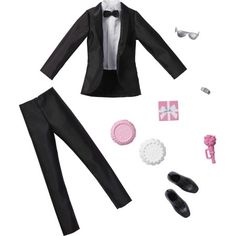 a barbie doll dressed in a tuxedo and suit with accessories for her to wear