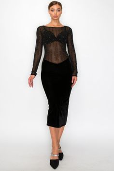 Velvet Sheer Contrast Midi Dress - Body By J'ne Velvet Midi Dress, Black Velvet Dress, Holiday Wardrobe, Dress Measurements, Sheer Fabric, Sheer Dress, Sheer Fabrics, Luxury Women, Boutique Dresses