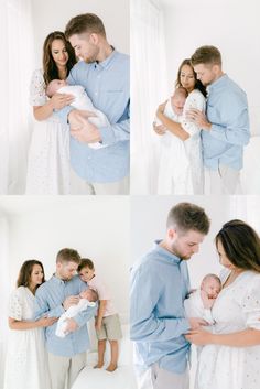 a collage of photos of a family holding their newborn baby