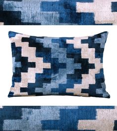 two blue and beige pillows on top of each other