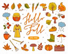 an autumn illustration with the words hello fall written in orange and surrounded by various items