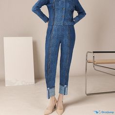 Orcajump - Two-piece Vintage Denim Fashion Jacket and High-Waisted Capri Pants Set Pant Length, High Waisted Denim, Jacket Style, Vintage Denim, Denim Fashion, Sleeve Type, Pants Set, Capri Pants, Capri