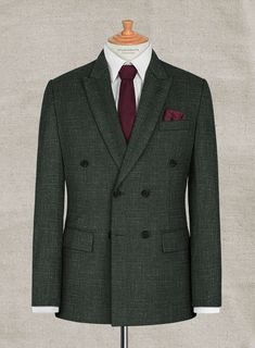 Looking for a suit that will make you feel sharp, polished and sophisticated, then you should go for our Italian Murano Bottle Green Wool Linen Double Breasted Suit. Crafted from a premium blend of wool, linen and silk, the texture on the green hue makes the suit especially versatile as well as will raise your interest level. 
 
 Look Includes  Italian Murano Bottle Green Wool Linen Fabric  Double Breasted Jacket Style  Peak Lapel  Horn Royal Black Buttons  Single Vent  Three Cuff Buttons  Two w Timeless Tailored Double-breasted Suits, Elegant Linen Tweed Jacket For Work, Luxury Linen Business Tweed Jacket, Tailored Notch Lapel Double Breasted Suit For Semi-formal, Tailored Double Breasted Semi-formal Suit With Notch Lapel, Tailored Tweed Jacket With Suit Collar, Timeless Fitted Double-breasted Suits, Elegant Linen Tweed Jacket For Business, Double-breasted Wool Suits For Semi-formal Occasions