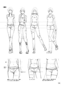 an anime character's body is shown in three different positions, including the waist and legs