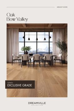 an advertisement for the oak bow valley flooring company, featuring chairs and tables in front of large windows