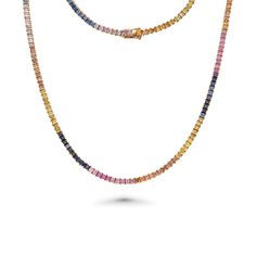 Rainbow Multi Color Square Shape Sapphire Tennis Necklace ( 14.50 ct.) 4-Prongs Setting in 14K Gold Elegant Round Gemstone Tennis Necklace, Gemstone Tennis Necklace, Elegant Rainbow Necklaces With Gemstone Accents, Sapphire Tennis Necklace, Rainbow Sapphire Necklace, Vibrant Adjustable Rainbow Necklace, Style Theory, Tennis Style, 14k Yellow Gold Necklace