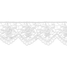 a white lace trim with flowers and leaves on the edge, in an ornate pattern