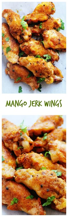 chicken wings with parsley on top and the words mango jelk wings above them