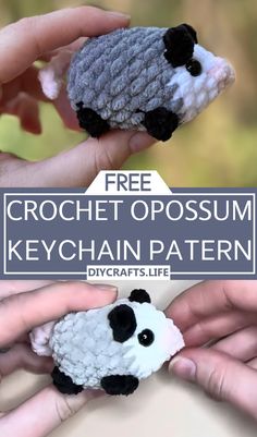 two hands holding small crocheted sheeps with text overlay that reads free crochet opossum keychain pattern