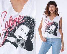 Vintage 90s Selena Shirt 90s Band Tank Top Cutoff Deep V Neck Tejano Concert 1997 Memorial Tee White Cut Off Crop Top Small Medium Graphic Print Tank Top For Concerts In Spring, Graphic Print Tank Top For Spring Concerts, Vintage Tank Top For Spring Streetwear, Spring Band Merch Tank Top With Graphic Print, Band Merch Graphic Tank Top For Spring, Vintage Summer Tops For Concert, Vintage Tops For Summer Concerts, 90s Inspired Screen Print Tops For Summer, 90s Inspired Summer Concert Tops