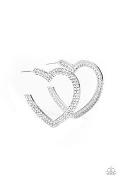 Two rows of blinding white rhinestones are encrusted along the front of a heart shaped silver, gunmetal, or gold hoop, creating a heart-stopping sparkle. Hoop measures approximately 2" in diameter. Earring attaches to a standard post fitting. White Hoop Earrings, Haute Jewelry, Bling Fashion, Heart Hoop Earrings, Bracelet Display, Heart Shaped Earrings, Earring Display, Paparazzi Accessories, White Rhinestone