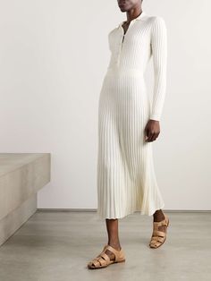 GABRIELA HEARST Ardor ribbed cashmere and silk-blend midi dress | NET-A-PORTER Ribbed Dress Outfit, Designer Midi Dresses, Silk Dresses, Flat Dress Shoes, Gabriela Hearst, Dress Flats, Johanna Ortiz, Luxury Linen, Knit Midi