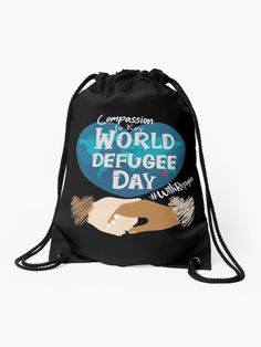 a black drawsack bag with the words, world refuge day on it and an image of two hands holding each other