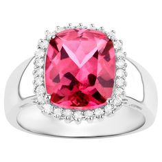 It comes with the Gemological Appraisal by GIA GG/AJP All Gemstones are Natural Hot Pink Topaz = 4.12 Carats 28 White Topazes = 0.28 Carats Metal: Rhodium Plated Sterling Silver Ring Size: 7* US *It can be resized complimentary Topas Ring, Pink Topaz Ring, Halo 4, Bracelet Love, Pink Topaz, Modern Ring, Topaz Stone, Pink Ring, Halo Rings