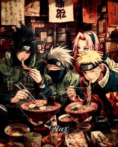 three anime characters sitting at a table eating ramekins and chopsticks with chop sticks in their hands