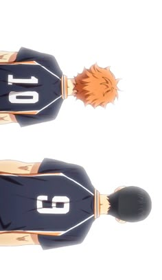 two anime characters wearing black and orange uniforms with white numbers on their sleeves, one has an orange hair