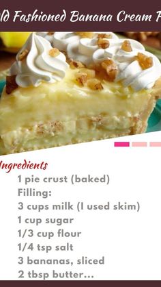 a recipe for banana cream pie on a plate