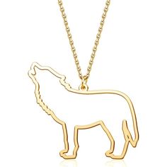 a gold plated necklace with a dog on it's side and a chain that has