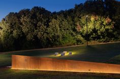 an illuminated sculpture in the middle of a grassy area with trees behind it at night