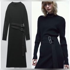 Nice And Warm Stylish Dress With Tabs Stretchy Long Sleeve Ribbed Fabric Party, Cocktail And Night Out Fall , Winter, Spring Black Belted Dress For Fall, Black Belted Dress For Winter, Winter Black Belted Dress, Black Belted Midi Dress For Fall, Black Belted Midi Dress For Night Out, Zara Belted Long Sleeve Midi Dress, Zara Long Sleeve Belted Midi Dress, Zara Belted Midi Dress For Fall, Zara Fitted Belted Midi Dress