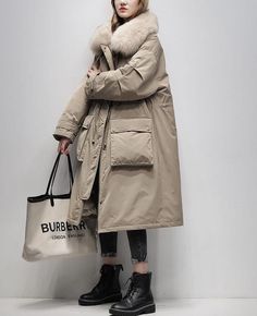 Fur Hooded Jacket, Long Down Coat, Fur Hood Jacket, Coat Women Fashion, Dresses Classy, Duck Down Jacket, Big Pocket, White Duck, Long Sleeves Coats