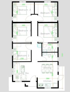 the floor plan for a three bedroom apartment with two bathrooms and an attached kitchen area