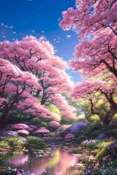 a painting of pink trees and water in the middle of a forest filled with flowers