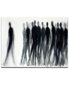 a group of people walking across a white floor covered in black and grey inks