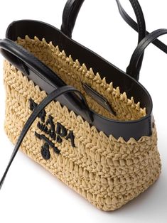 Prada leather-trimmed Woven Tote Bag - Farfetch Harrods Bear, Prada Mini, Neutral Bag, Crochet Boho Bag, Prada Tote Bag, Bag Pattern Free, Mini Crochet, Crochet Tote Bag, Woven Tote Bag