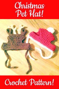 two crocheted hats with the words christmas pet hat