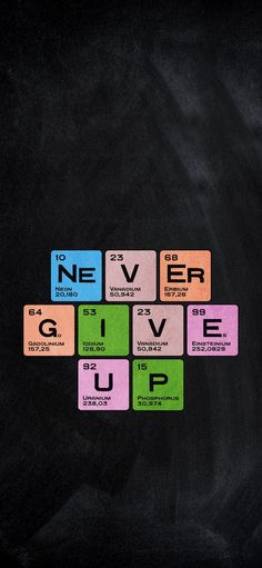 the words never give up written in different colors on a black background with small squares