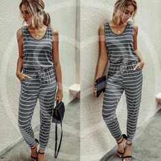 35% Cotton, 65% Polyester Charcoal Striped Jumpsuit Gray Jumpsuits And Rompers For Spring Loungewear, Casual Gray Jumpsuits And Rompers For Work, Casual Striped Jumpsuits And Rompers For Loungewear, Casual Striped Jumpsuits And Rompers For Day Out, Striped Sleeveless Jumpsuits And Rompers For Loungewear, Sleeveless Striped Jumpsuits And Rompers For Loungewear, Striped Sleeveless Jumpsuit For Loungewear, Striped Jumpsuit, Sleeveless Jumpsuits