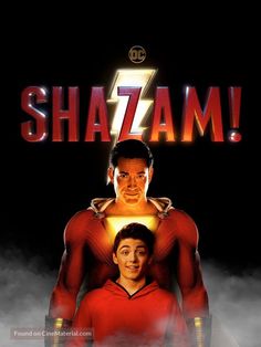 the poster for shazam with two men standing in front of him and one man looking