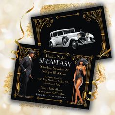 two black and gold wedding cards with an old car