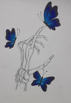 a drawing of two butterflies flying over a skeleton hand with bones in the foreground