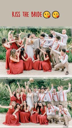 two pictures of people in red dresses posing for the camera with their arms up and hands in the air