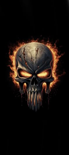 a skull with flames in the background