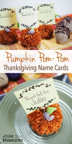 pumpkin pom - pom thanksgiving name cards with free printables on them