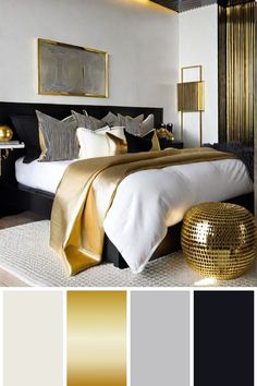 a bedroom with black, gold and white decor on the walls is shown in this color scheme