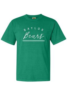 Let everyone know who you root for in this Baylor Bears Green New Basic Short Sleeve T-Shirt! This Baylor Short Sleeve Tee features a screen print team name in script. Comfort Colors brand, 100% ring spun cotton, Soft hand, washed garment dyed fabric, Double needle collar, armhole, sleeve and bottom hems, Twill taped neck and shoulders, Twill joker label, Screen print, 100% Cotton, 4 Collegiate Cotton T-shirt Soft-washed, Collegiate Soft-washed Cotton T-shirt, Soft-washed Cotton T-shirt For Fan Apparel, Soft-washed Cotton T-shirt For Fans, Soft-washed Green Cotton T-shirt, Booster Club, Volleyball Shirt, Baylor Bear, Spirit Shirts