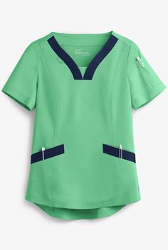 Throw your workday a curve (in a good way!) With our v-neck women’s scrub top. Curved v-neck and hem add a sporty touch. Princess seams for a flattering fit. Each piece in our Butter-soft Stretch scrub collection was designed for 12+ hour shifts, and made from easy-care, 2-way stretch comfort fabric. • Modern fit • V-neck with modesty panel • Total of 4 pockets • 2 front pockets • 2 pen pockets on left sleeve • Short sleeve • Princess seams • ID badge loop on right side • Back darts • Approximat Green V-neck Tops With Pockets, Green V-neck Top With Pockets, Scrub Collection, 12 Hour Shifts, Nursing Scrubs, Modesty Panel, Easy Stretches, Neck Women, Scrubs Nursing