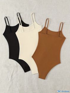 Orcajump - Solid Spaghetti Strap Bodysuit 3 Pack, Casual Sleeveless Cami Bodysuit, Women's Clothing Solid Cami Bodysuit With Lined Body, Solid Color Cami Bodysuit With Lined Body, Seamless Solid Color Jumpsuits And Rompers With Spaghetti Straps, Summer Sleeveless Bodysuit With Straps, Summer Sleeveless Strapped Bodysuit, Summer Sleeveless Straps Bodysuit, Trendy Stretch Sleeveless One Piece, Casual Solid One-piece Bodysuit, Trendy Sleeveless Stretch One Pieces